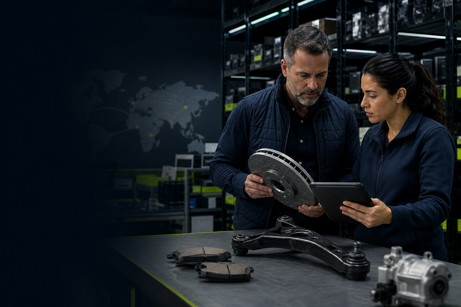 Need4Parts specialists reviewing an automotive component in a US warehouse
