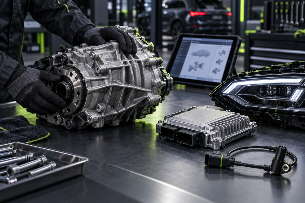 Audi engine bay showing complex component layout