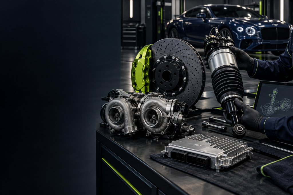 Close-up of Bentley wheel and brake caliper