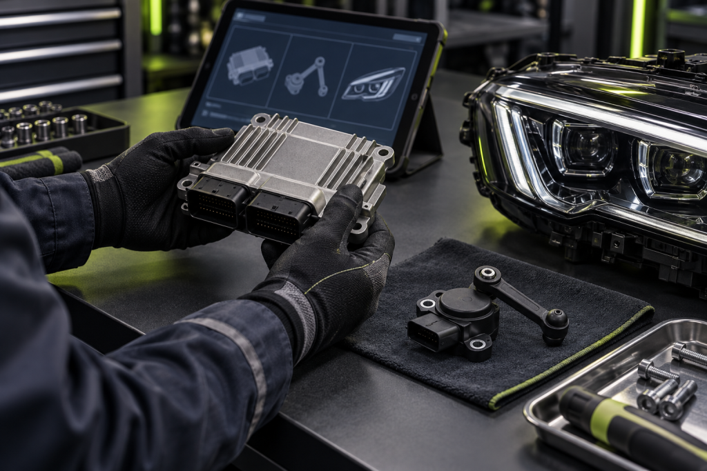 A mechanic installing a new part in a Buick engine bay