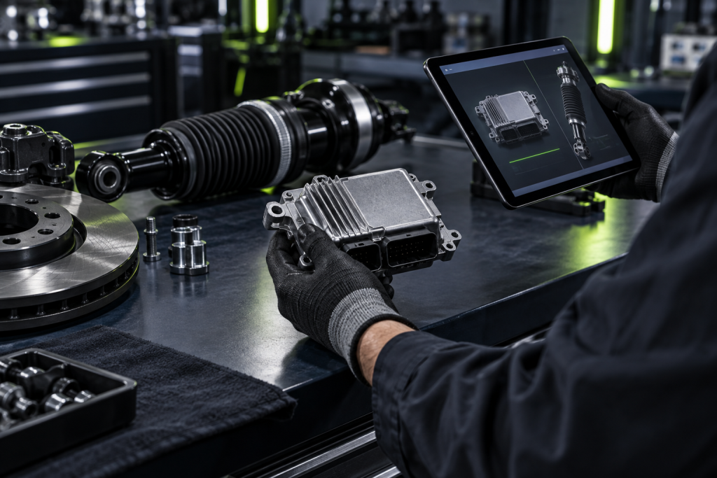 Technician verifying Cadillac-compatible suspension and electronic parts