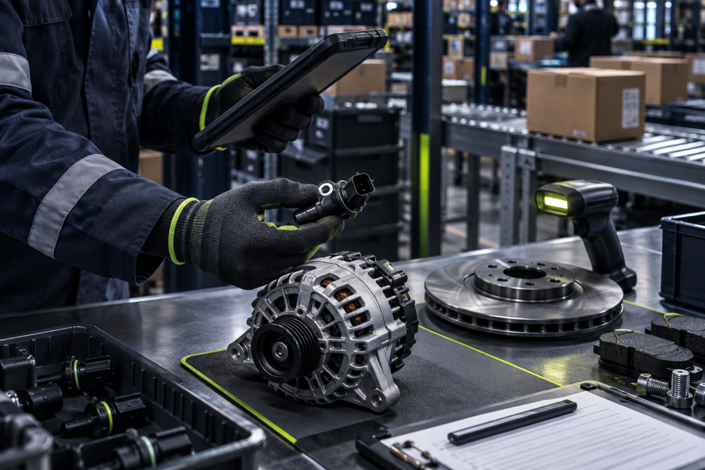 Technician verifying Chevrolet-compatible suspension and brake parts