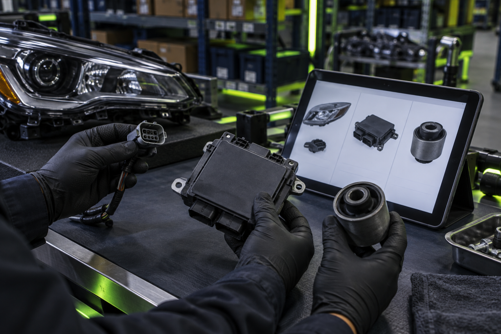 Technician verifying Chrysler-compatible suspension and brake parts