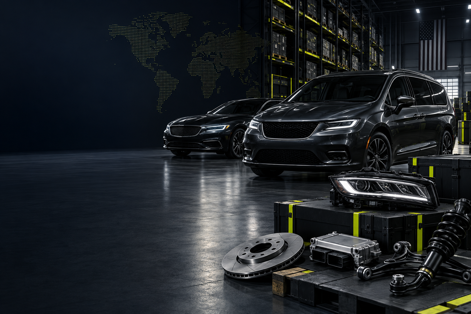 Chrysler minivan and sedan parts on a US warehouse shelf