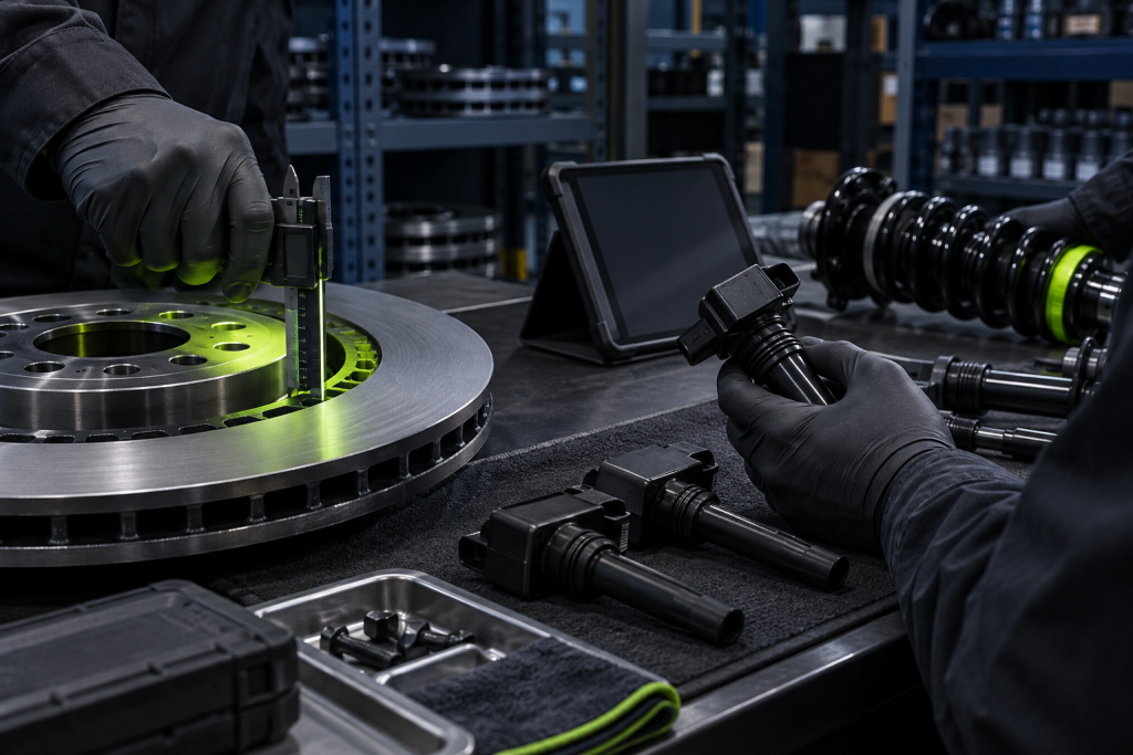Technician verifying Dodge-compatible suspension and brake parts