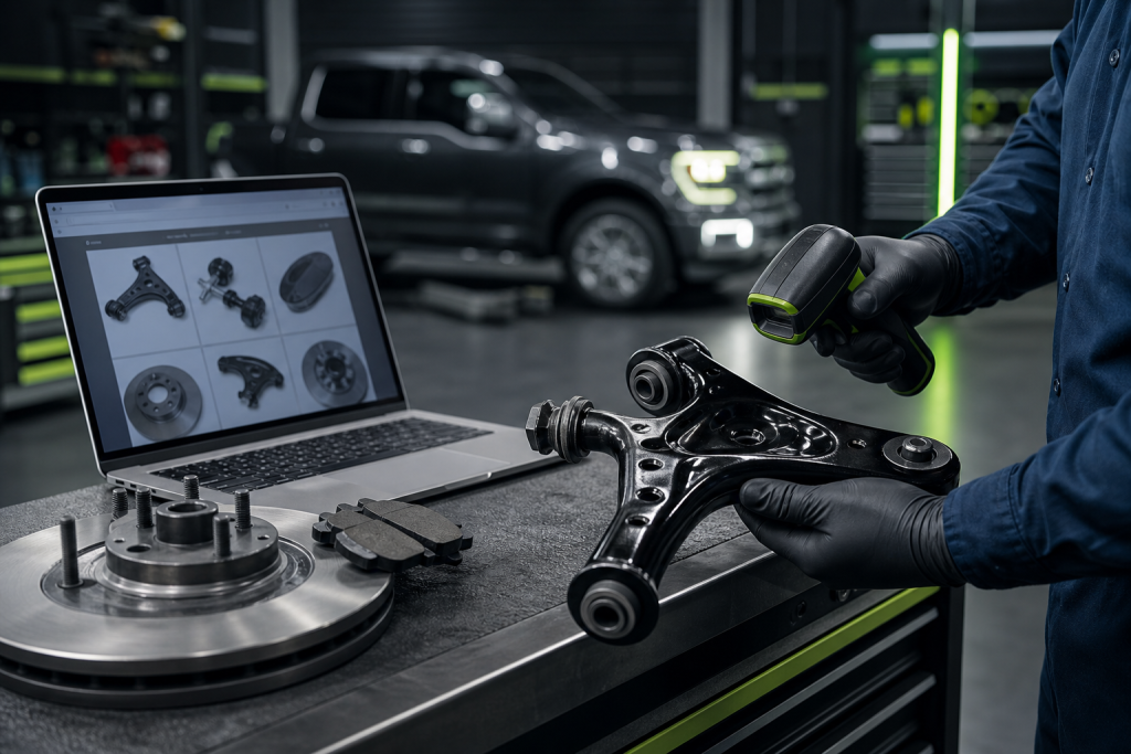 Technician verifying Ford-compatible suspension and brake parts