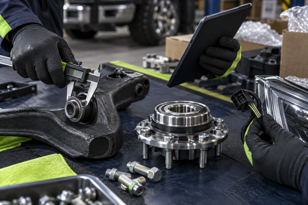 Technician verifying GMC-compatible suspension and brake parts