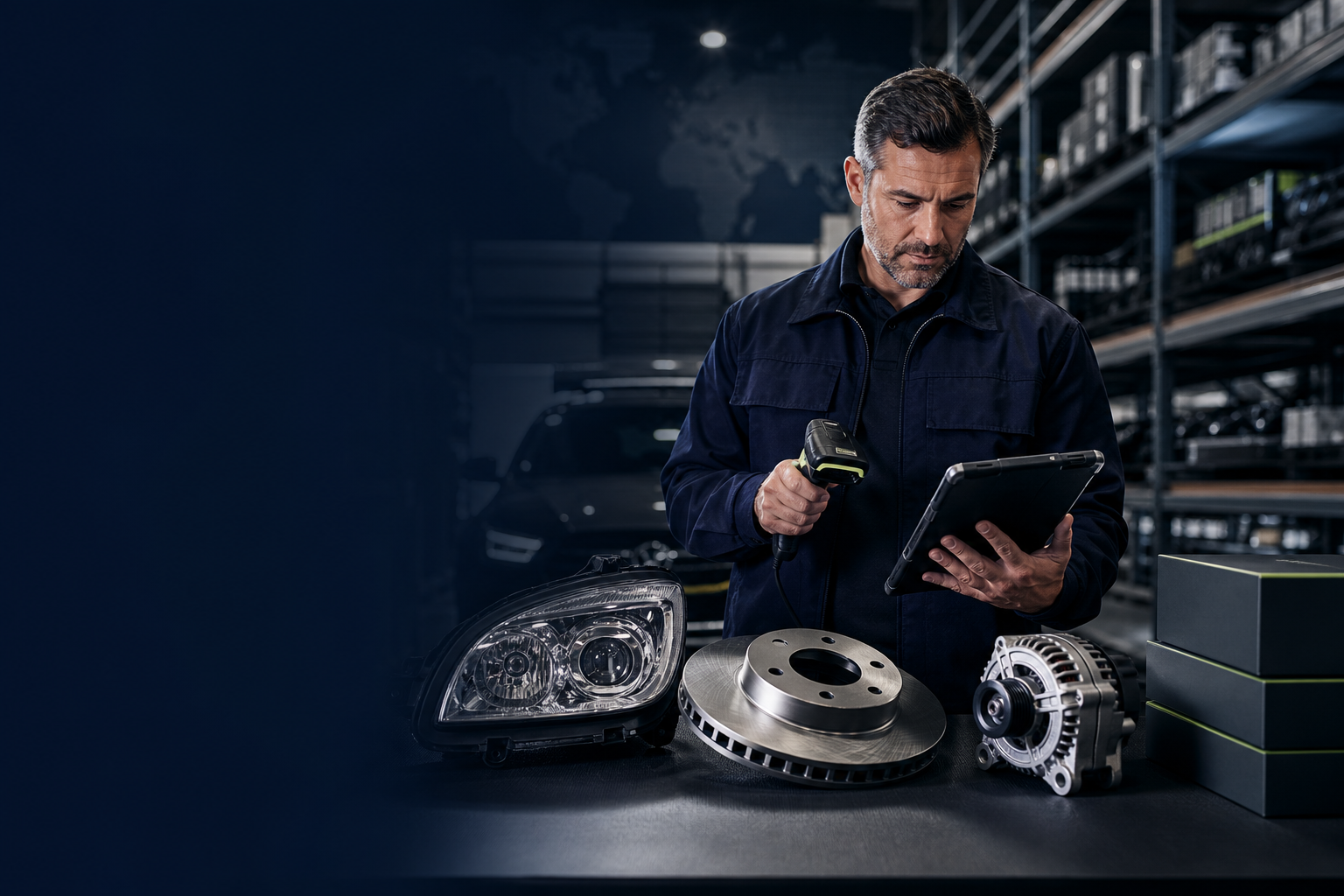 Parts specialist processing an automotive parts request in a US warehouse