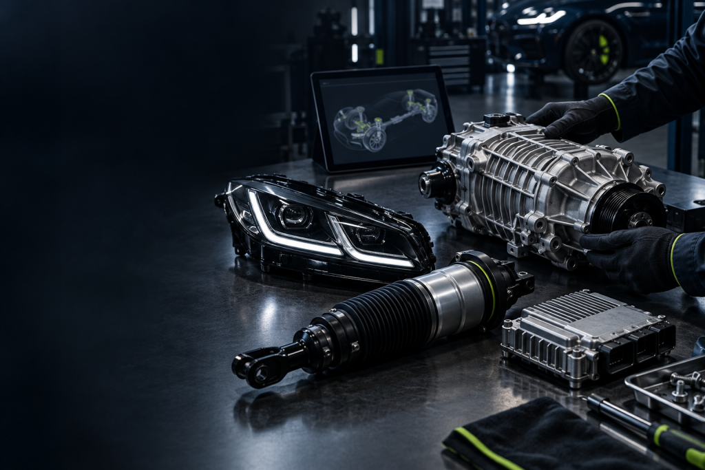 A mechanic carefully installing a new component under the hood of a Jaguar XF, illustrating the precision required for Jaguar maintenance.