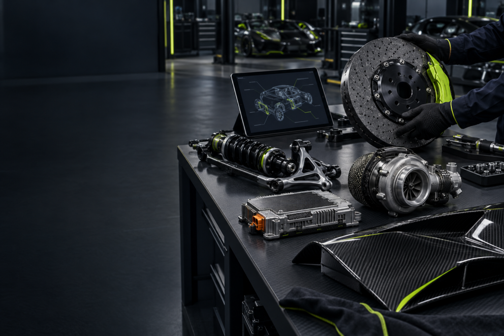 Close-up of a Koenigsegg engine bay, highlighting the complex mechanical engineering.