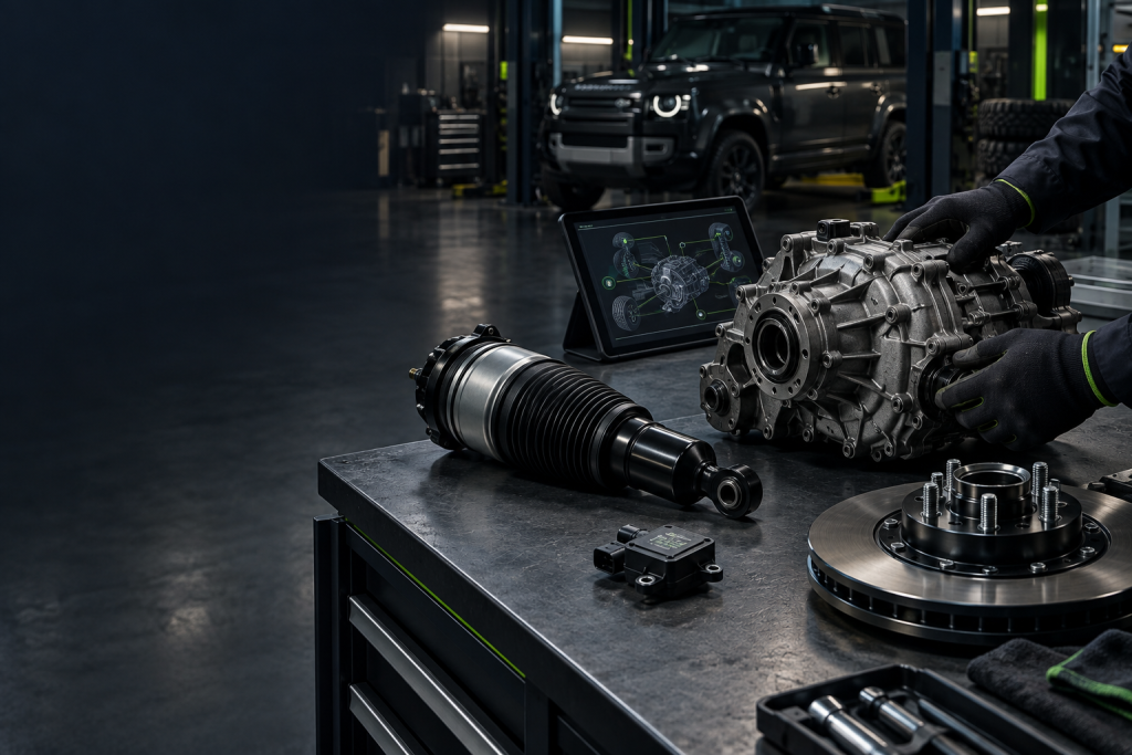 Mechanic inspecting a Land Rover suspension component