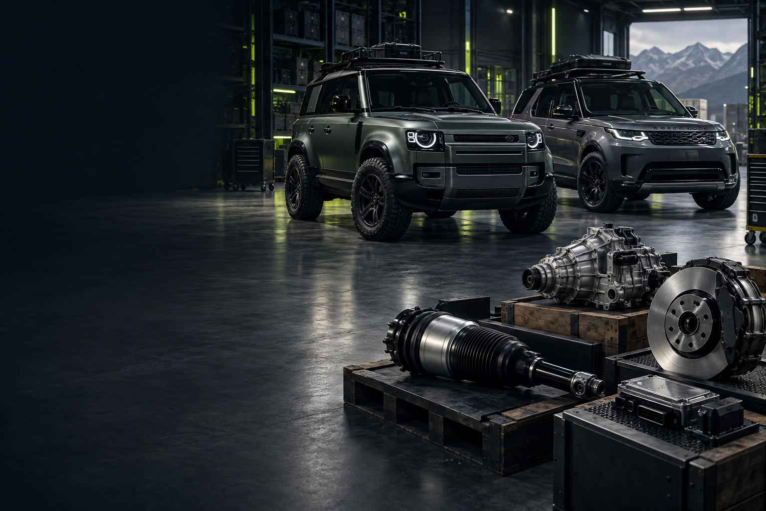 Land Rover Defender driving on a rugged trail
