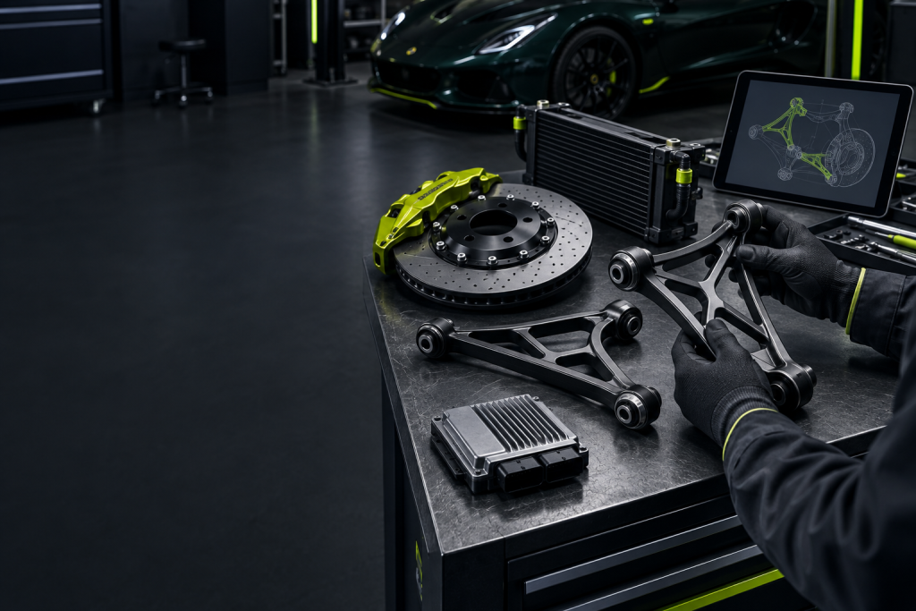 A mechanic inspecting the undercarriage of a Lotus Elise, highlighting suspension and chassis components.