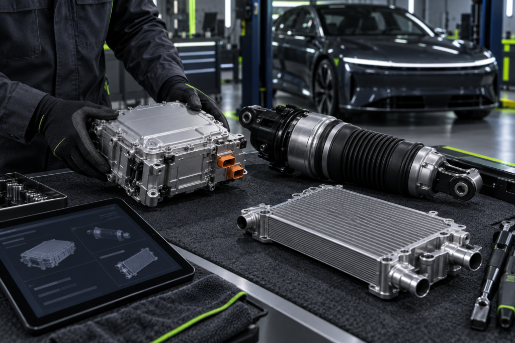 Technician inspecting Lucid electric vehicle components