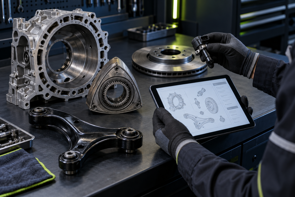 A technician inspecting a Mazda engine bay, focusing on precise component fitment.