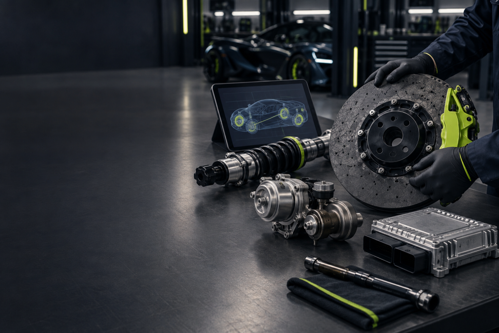 Detailed view of McLaren carbon fiber monocell chassis and suspension components
