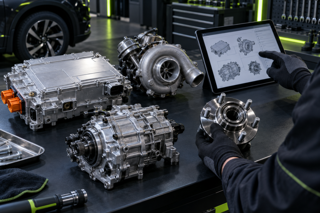 A mechanic carefully installing a new part into a Mitsubishi engine bay, highlighting precision and expertise.