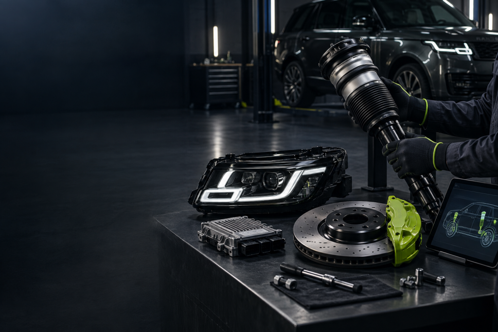 Close-up of a Range Rover's wheel and suspension system