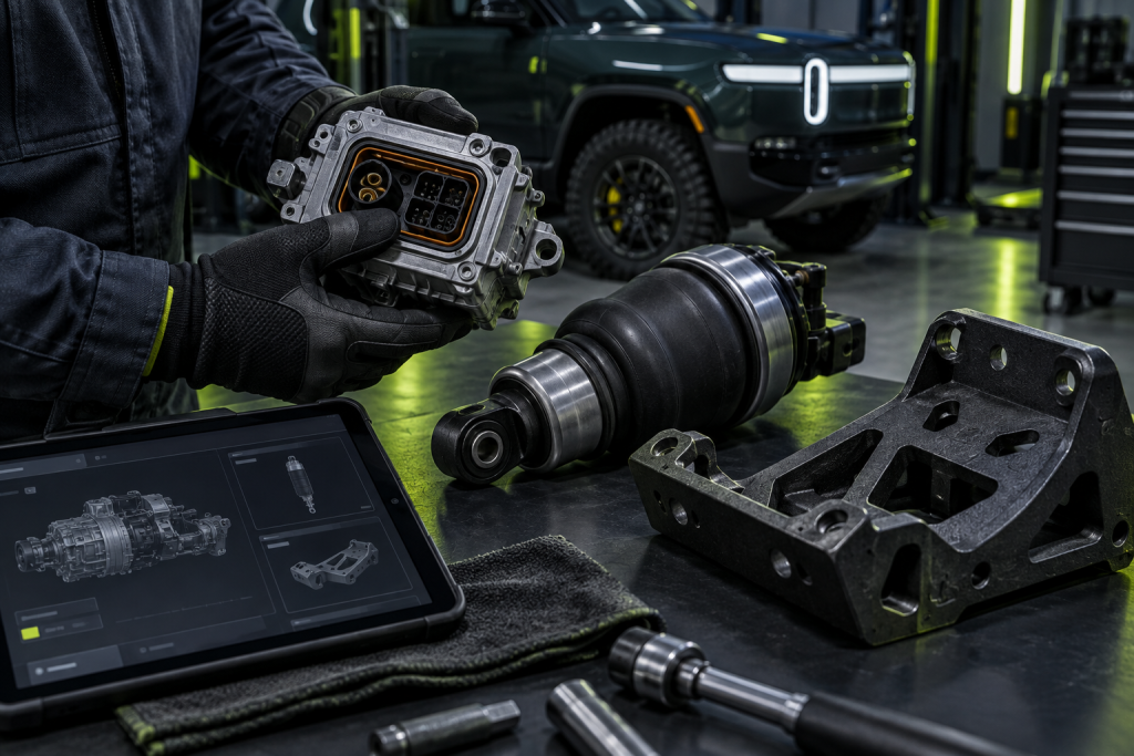 Need4Parts specialist verifying Rivian part numbers on a computer