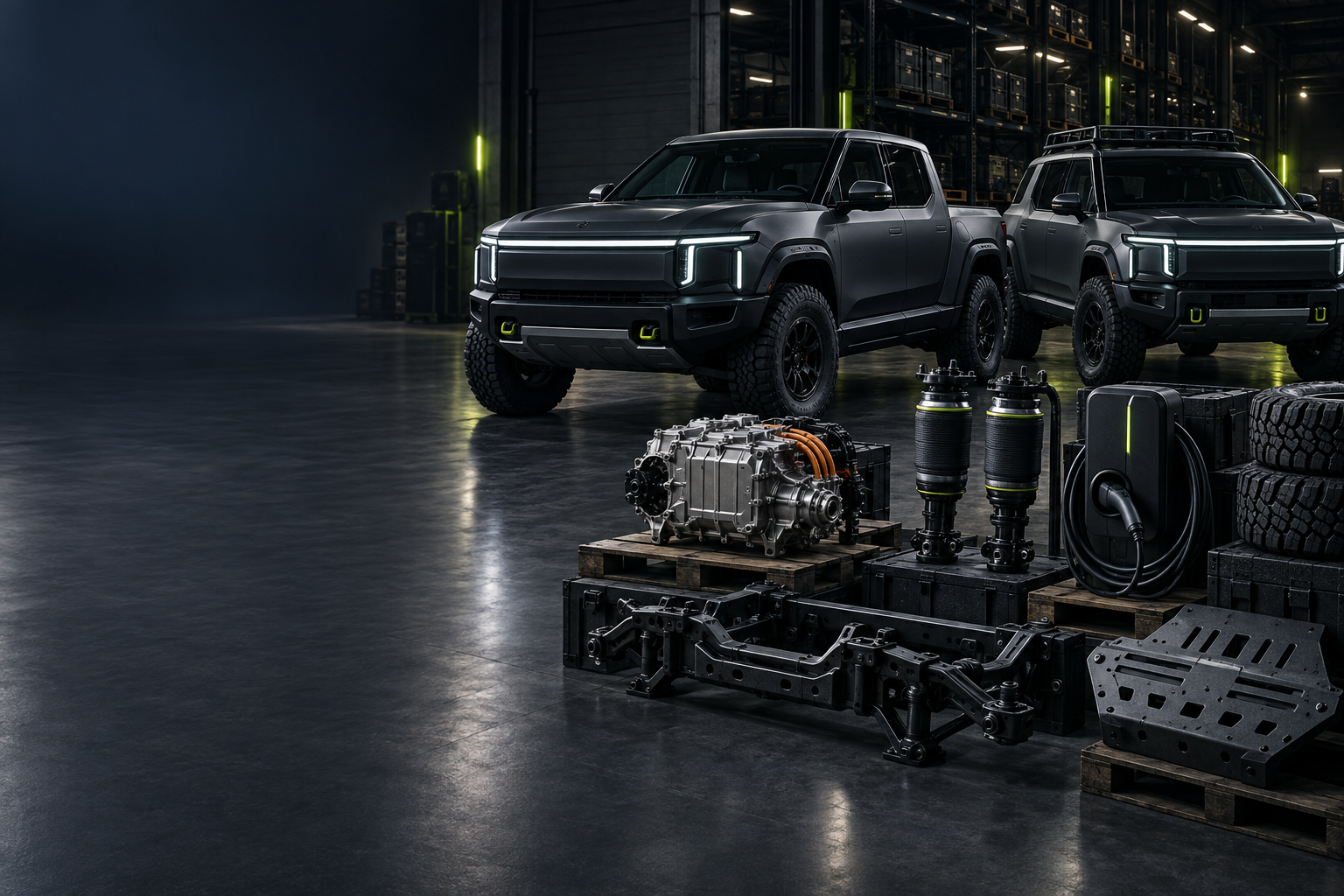 Rivian R1T electric adventure truck on a mountain trail