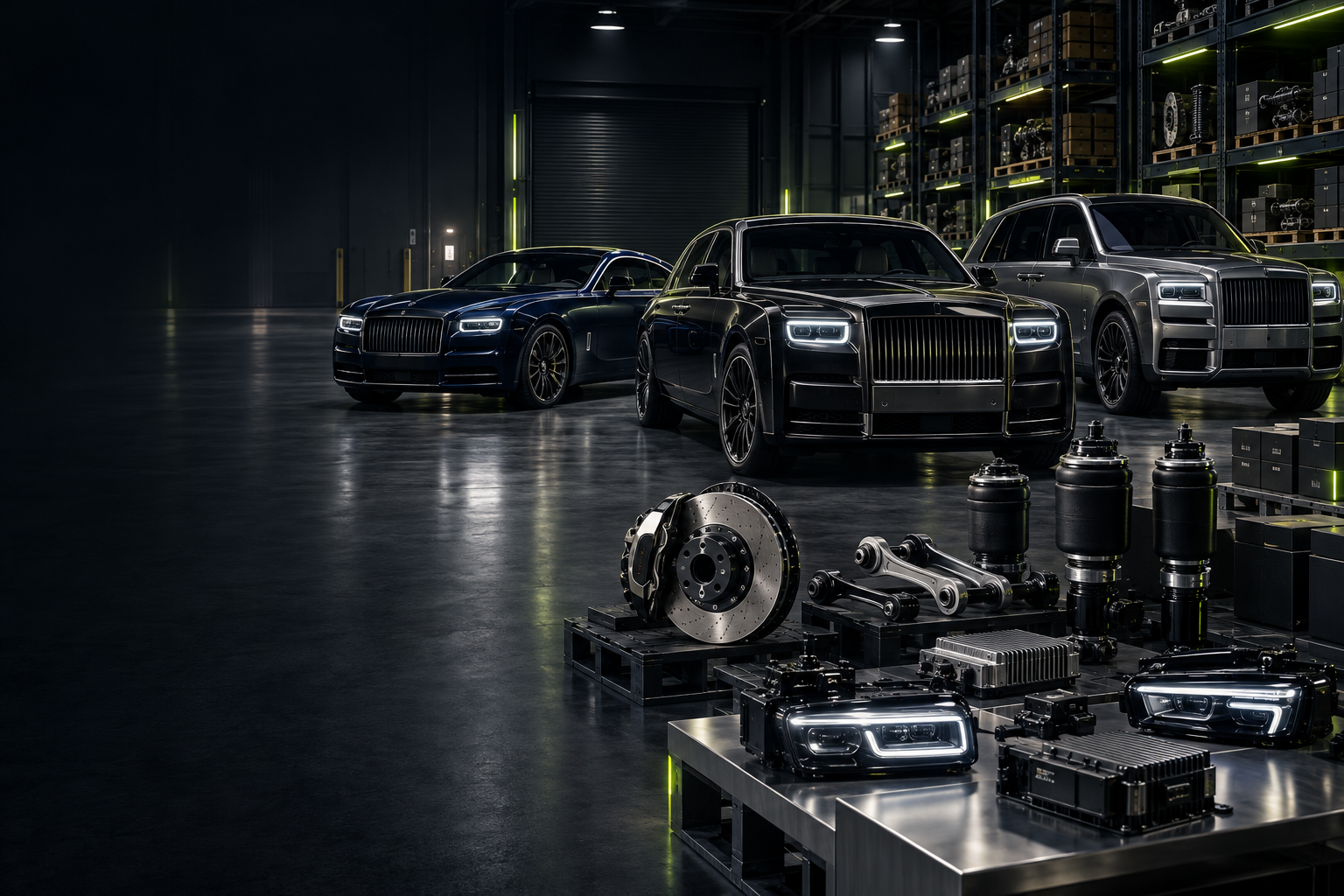 A classic Rolls-Royce Phantom in a sophisticated setting, emphasizing luxury and precision engineering.