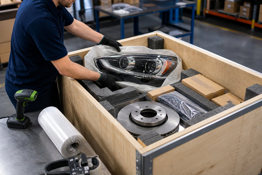 Professional packaging of automotive parts in a reinforced export crate