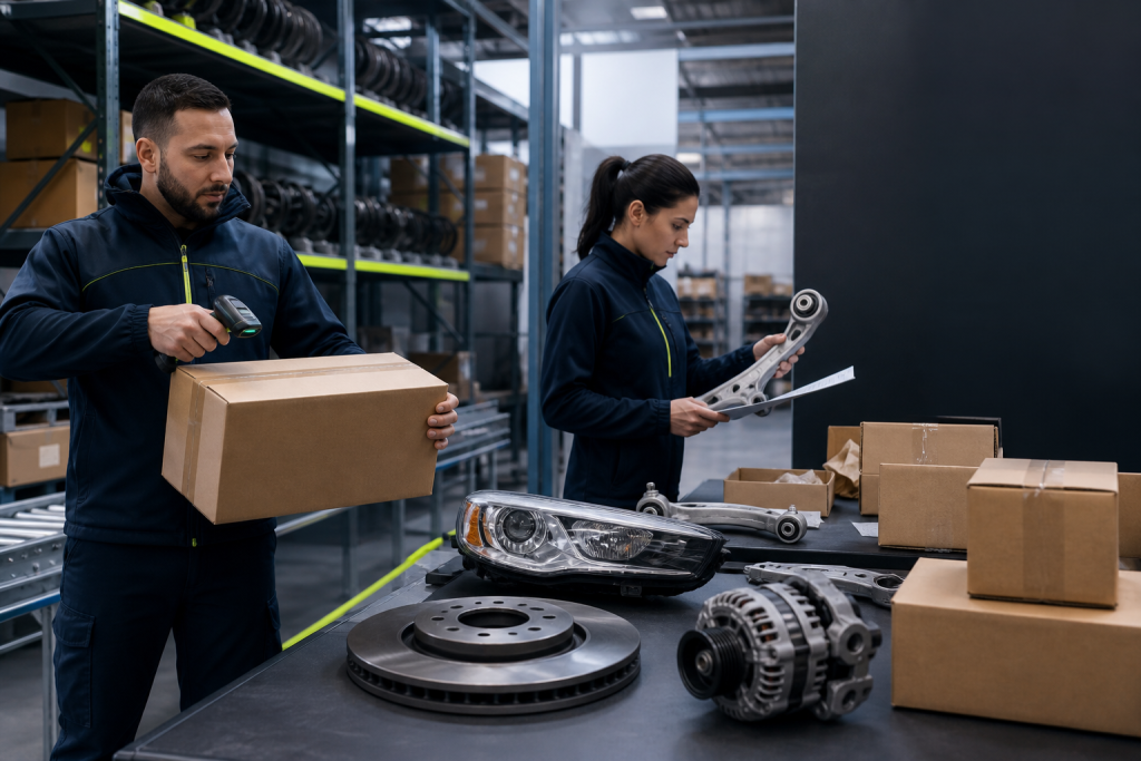 Automotive parts being inspected and consolidated at a US handling facility